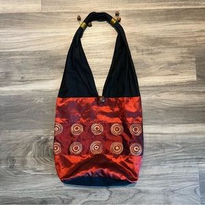 Vintage Satchel Red and Black Cotton Silky Blend Shoulder Bag, Crimson Wine